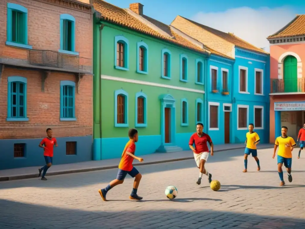 Juego de fútbol callejero: infancia y diversidad en acción Un animado juego de fútbol callejero entre niños de distintas edades y etnias, rodeados de murales y gente sonriente
