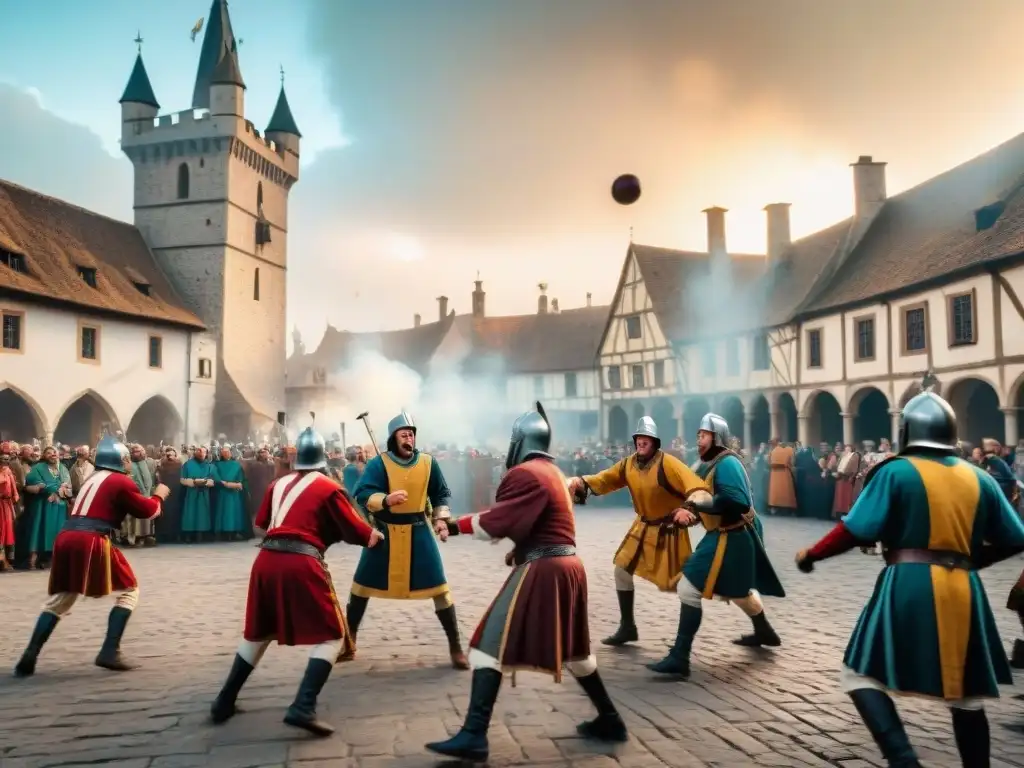 Animado juego de fútbol medieval en la plaza del pueblo