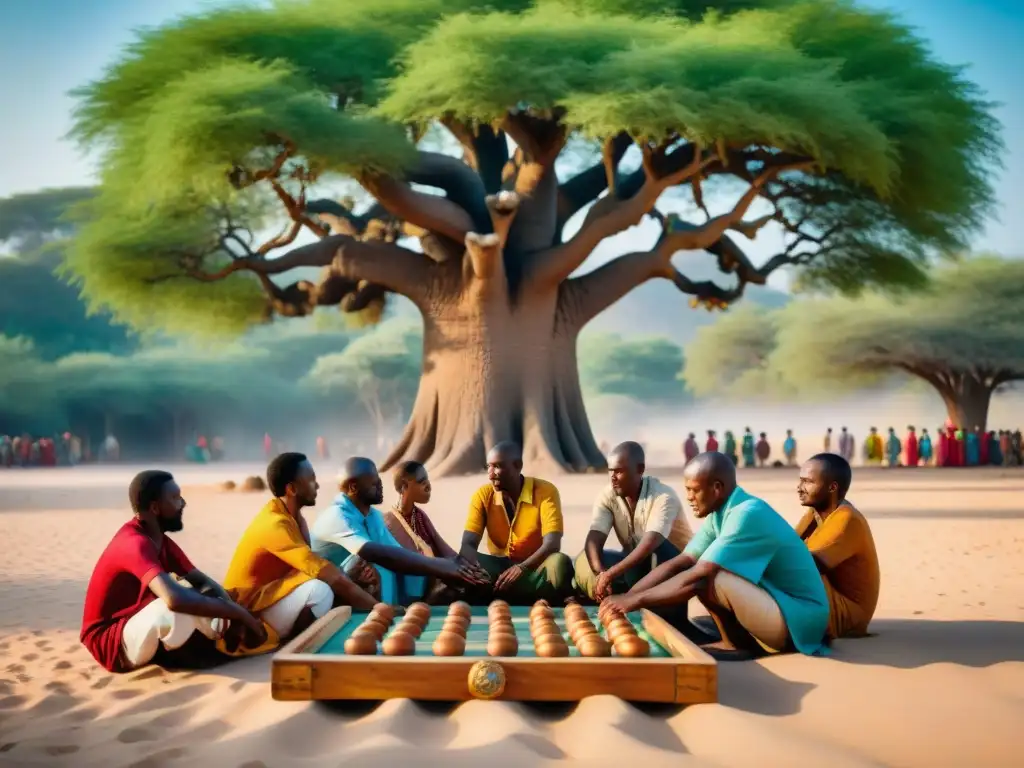 Un animado juego de mancala bajo un baobab, en vibrantes atuendos africanos