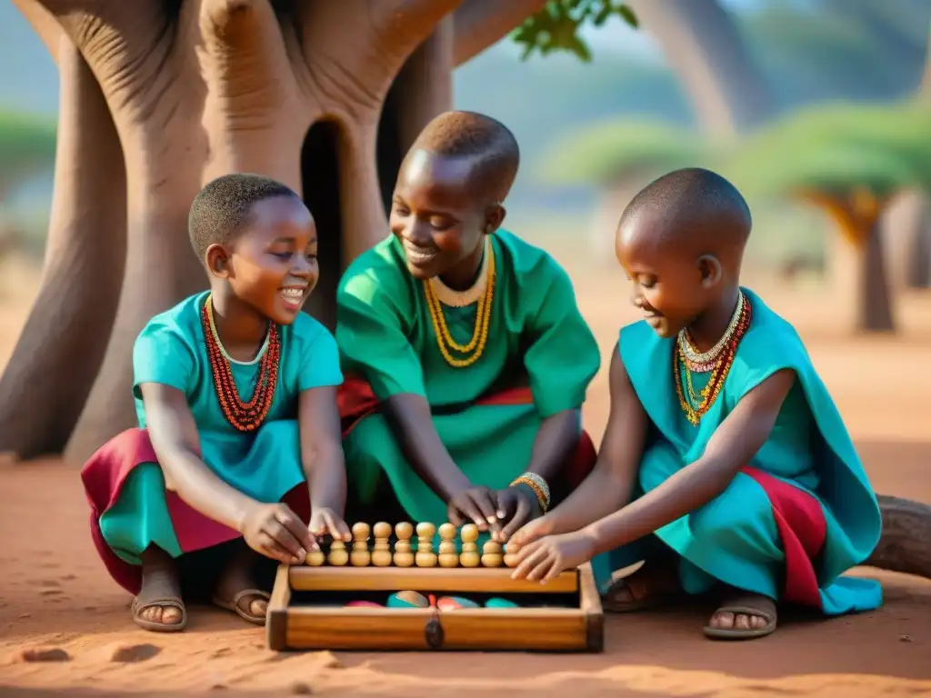 Un animado juego de Mancala bajo un Baobab, reflejando la riqueza cultural africana