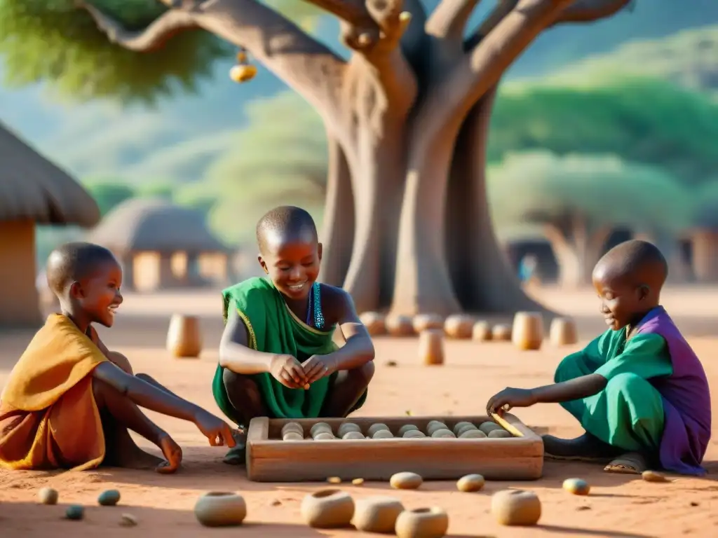 Un animado juego de Mancala en un vibrante pueblo africano bajo un baobab