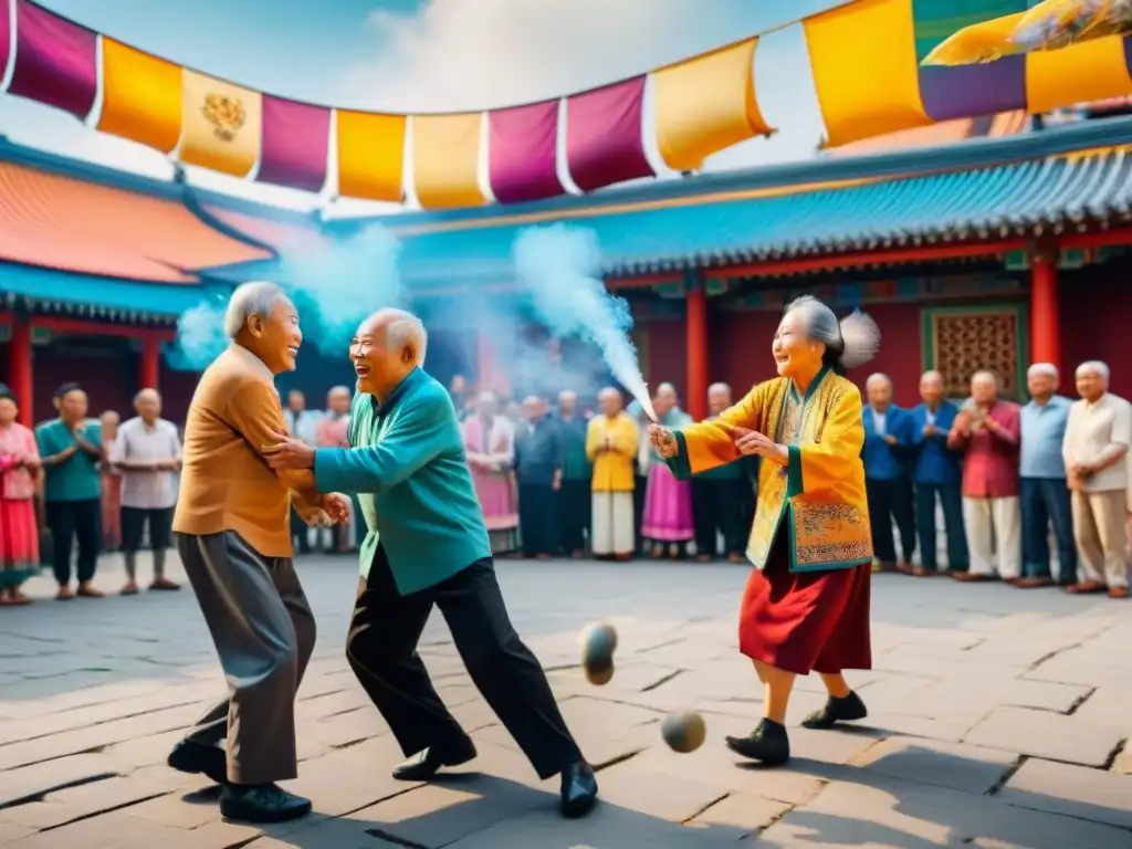 Animado juego de patadas al volante en plaza asiática, con ancianos en atuendos tradicionales y espectadores de todas las edades