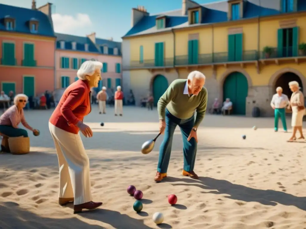 Un animado juego de petanca en una plaza soleada, rodeada de edificios históricos y coloridos jardines