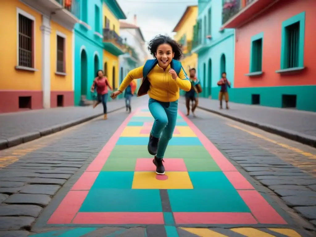 Un animado juego de Rayuela en una colorida calle de América Latina, con niños concentrados y edificios decorados