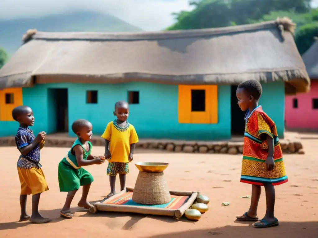 Un animado juego tradicional africano en una plaza colorida, donde niños y adultos participan