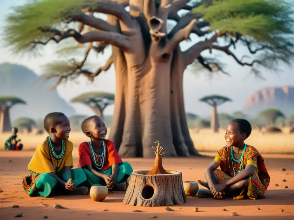 Un animado juego tradicional africano bajo un baobab, niños de diversas etnias con trajes vibrantes