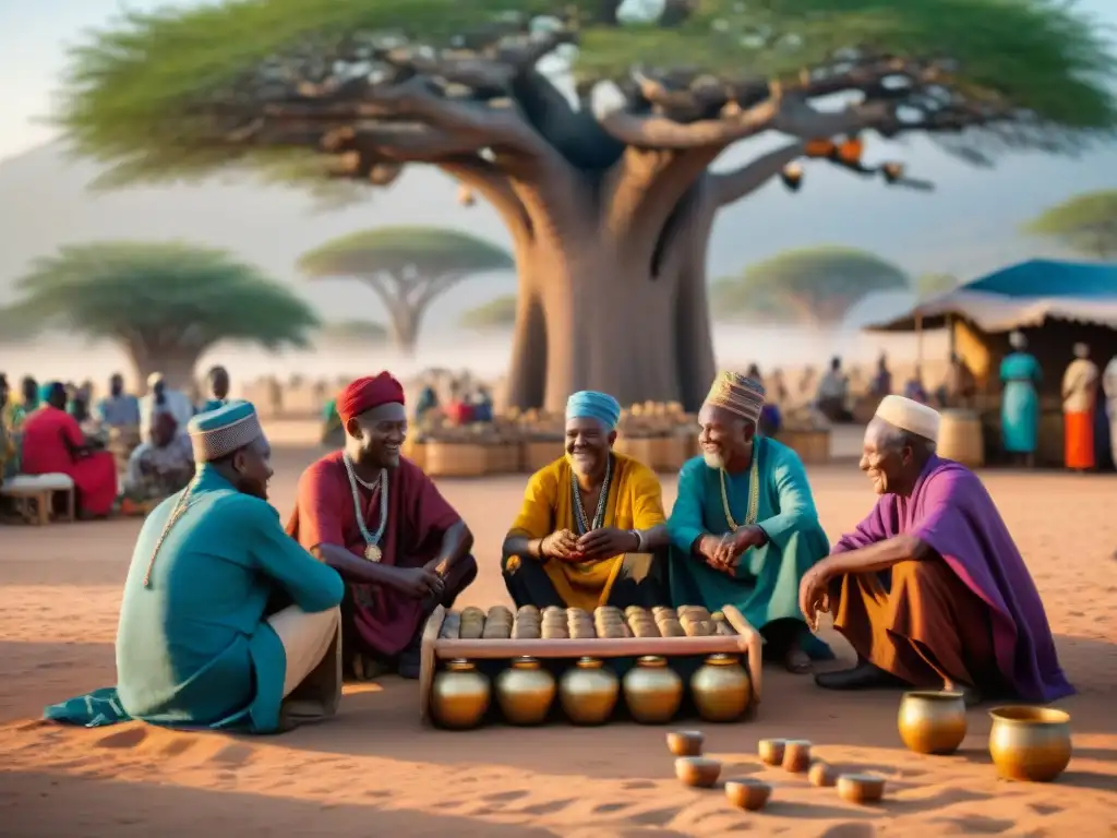 Un animado mercado africano con ancianos jugando Mancala bajo un baobab