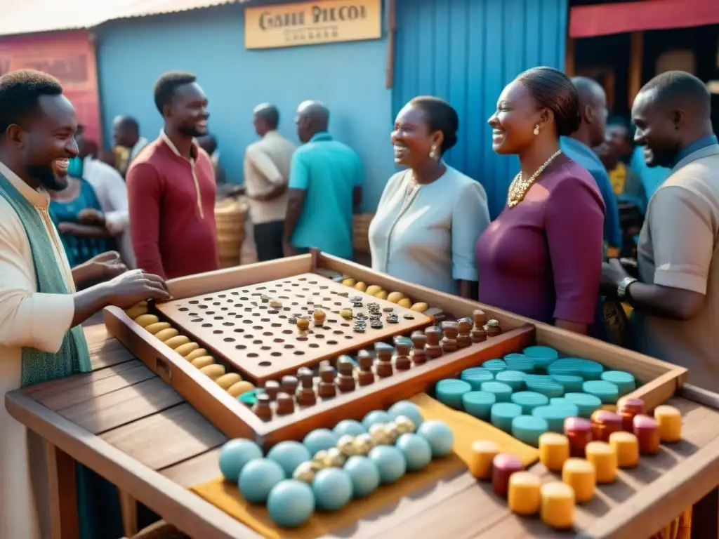 Un animado mercado africano con juegos tradicionales como Mancala y Oware