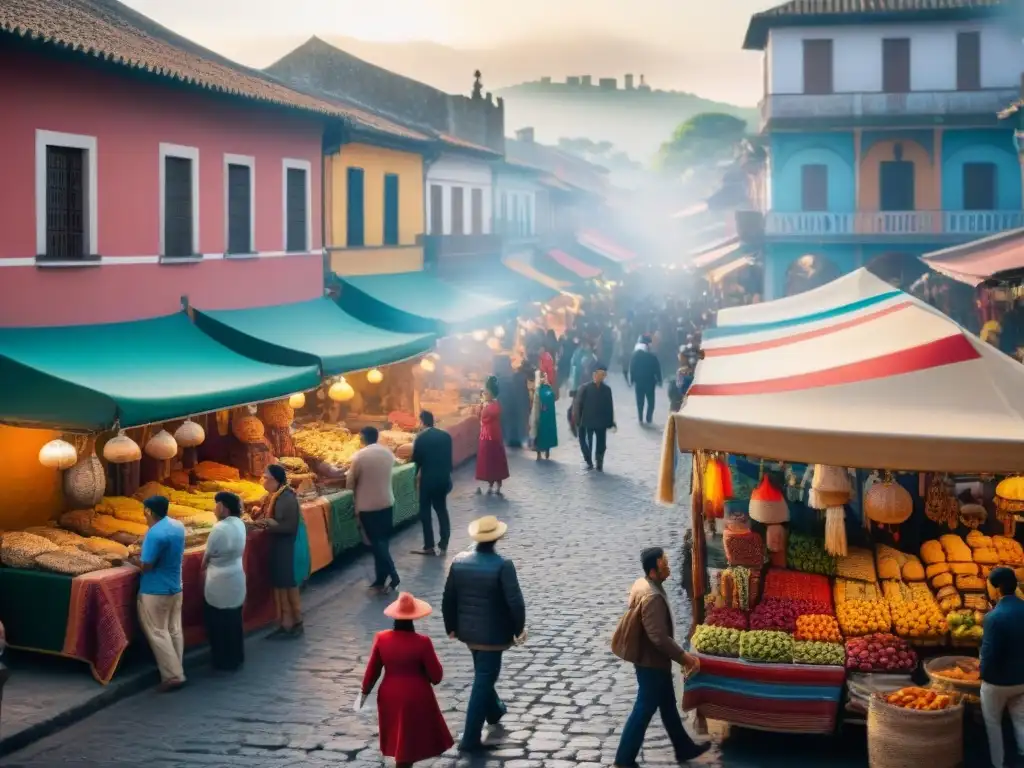 Un animado mercado callejero en una ciudad latinoamericana, con puestos de artesanías y comida tradicional