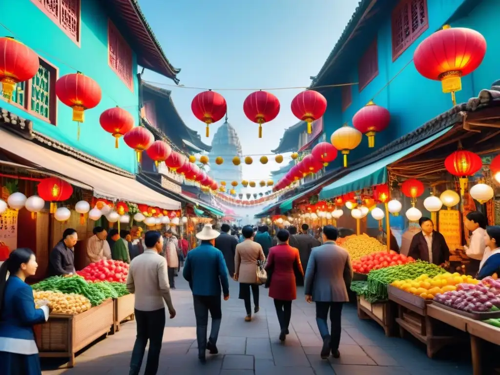 Animado mercado callejero en Asia moderna con juegos tradicionales y coloridas decoraciones