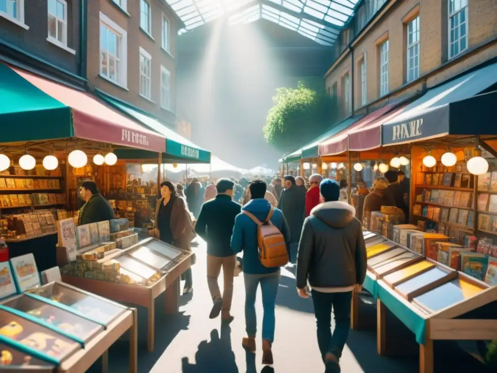 Un animado mercado callejero con puestos de juguetes antiguos y juegos vintage