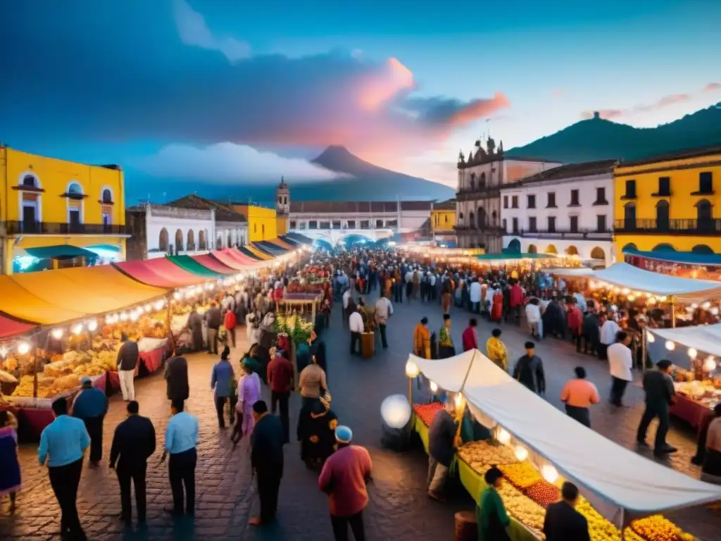 Animado mercado nocturno en una ciudad histórica de América Latina, con luces coloridas y pasatiempos nocturnos en América Latina