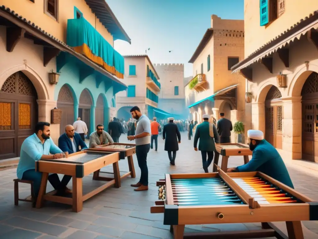 Animado mercado en Oriente Medio, con juegos antiguos y coloridas lonas, fusionando tradición y modernidad