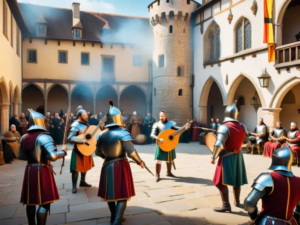 Un animado patio de castillo medieval con músicos tocando instrumentos inspirados en pasatiempos históricos