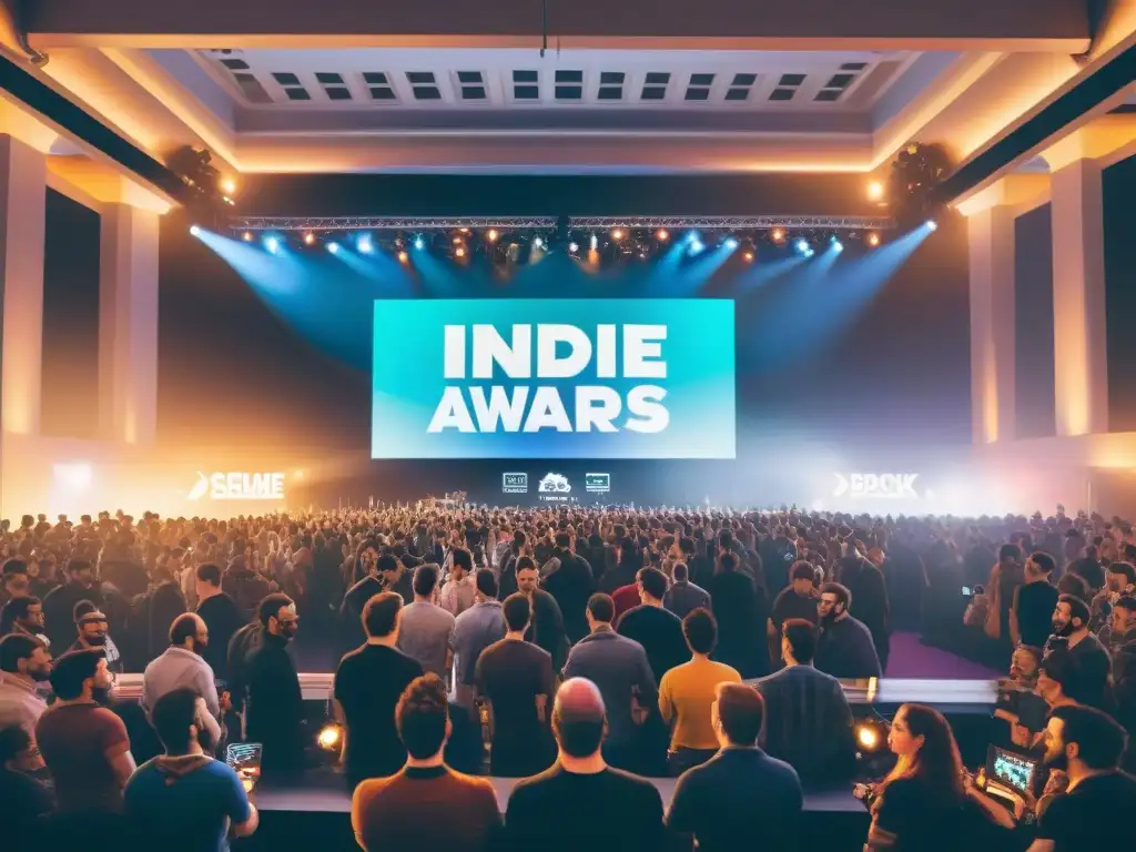 Un animado salón de premios de juegos indie, donde desarrolladores celebran éxitos y crean conexiones