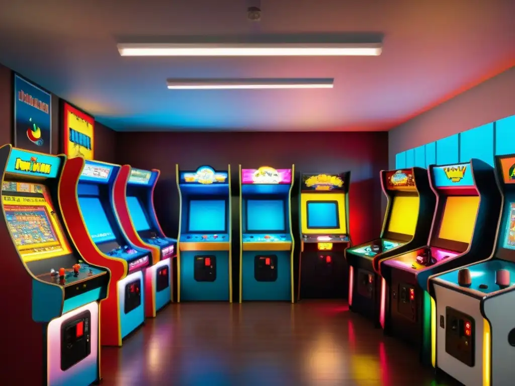 Un animado salón arcade retro lleno de cabinas vintage de los 80s y 90s, iluminado por neones