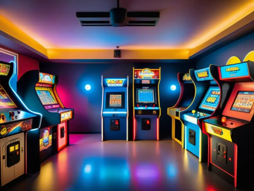 Un animado salón de arcade retro con máquinas de juegos vintage de los 80 y 90