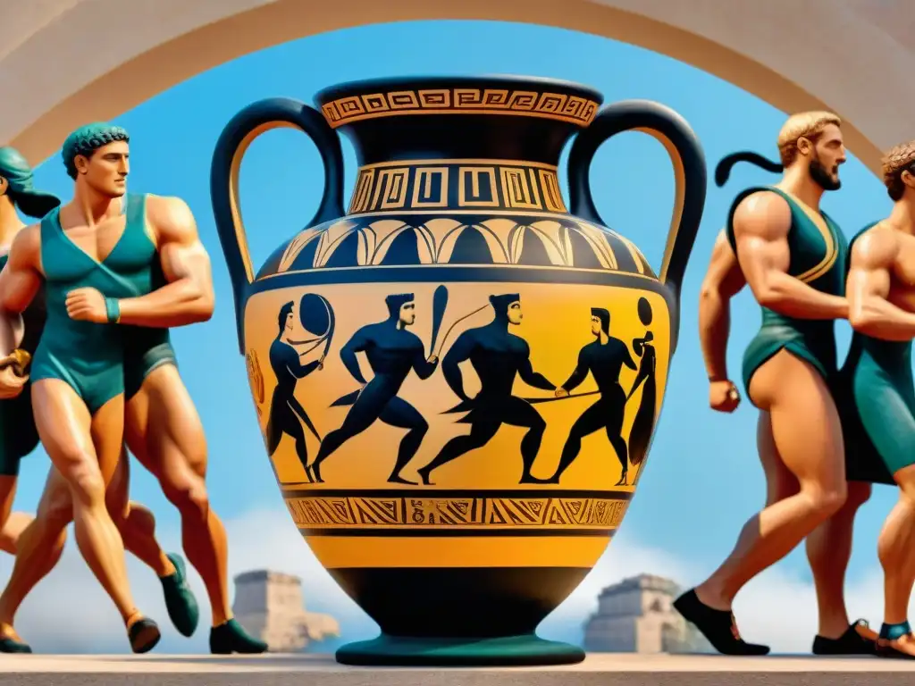 Amphora griega antigua con escenas olímpicas detalladas Antigua ánfora griega con escenas de los Juegos Olímpicos y premios antiguos