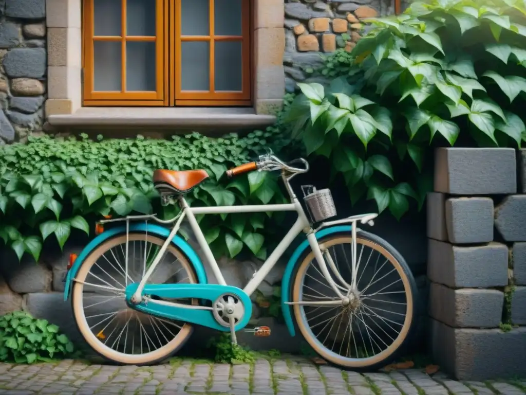 Antigua bicicleta en pared de piedra cubierta de hiedra, en un pueblo europeo