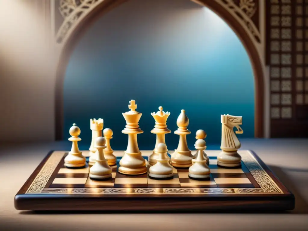 Una antigua colección de ajedrez en Oriente con piezas de marfil y tablero de madera incrustado en madreperla