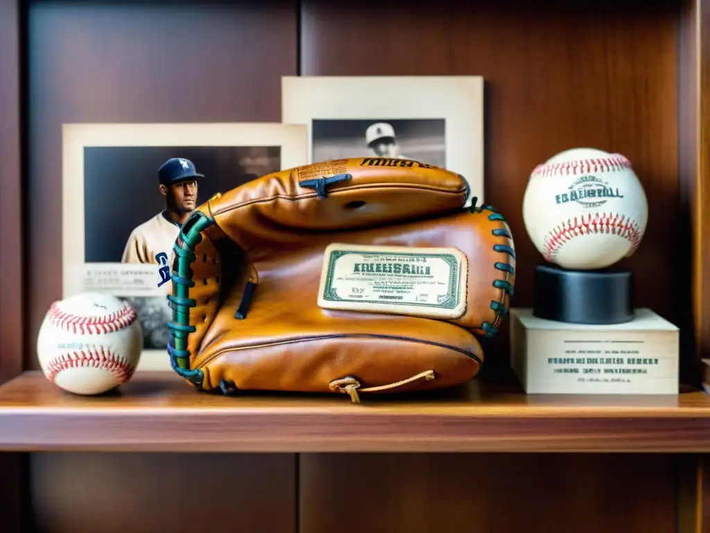 Una antigua y detallada foto muestra el desgastado cuero de un guante de béisbol vintage, rodeado de objetos nostálgicos