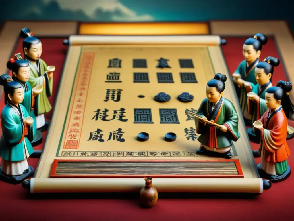 Una antigua y detallada pintura china de dos jugadores de Xiangqi en plena batalla estratégica, rodeados de espectadores asombrados