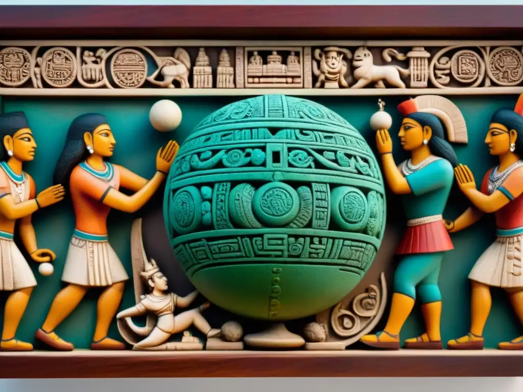 Antigua escultura maya detallada de un juego de pelota tradicional, resaltando la vestimenta, la pelota y los espectadores