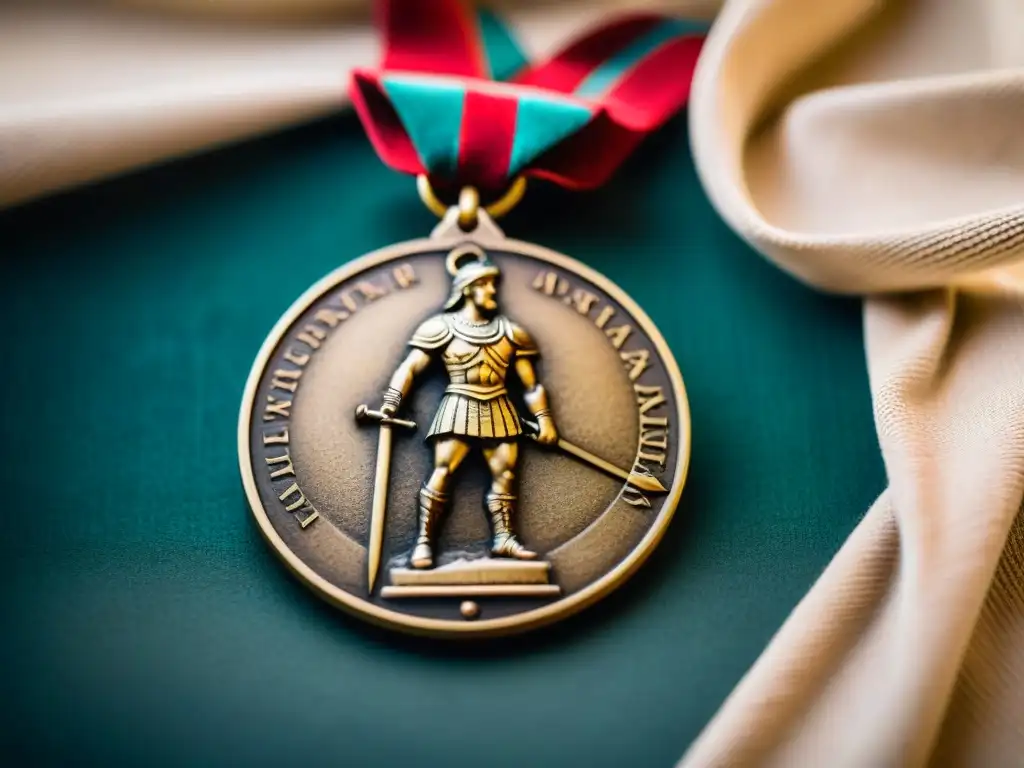 Antigua medalla de gladiador romano en terciopelo, escenas de batallas y laureles