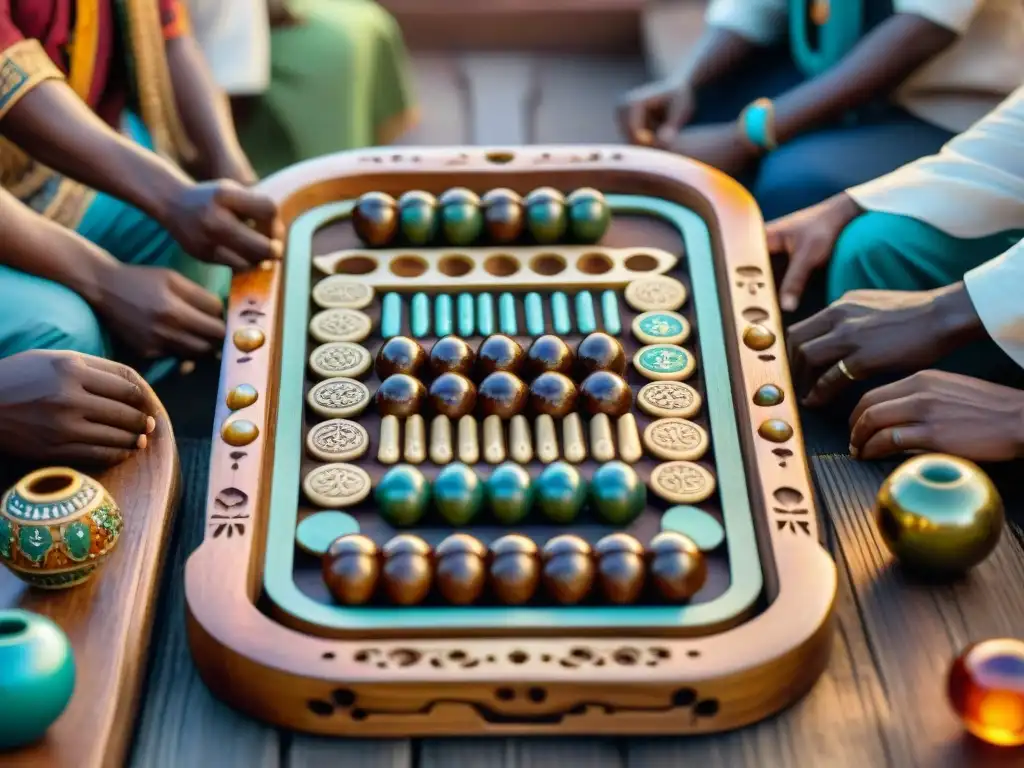 Antigua tribu africana jugando Mancala en bullicioso mercado, reflejando la historia del juego de Mancala