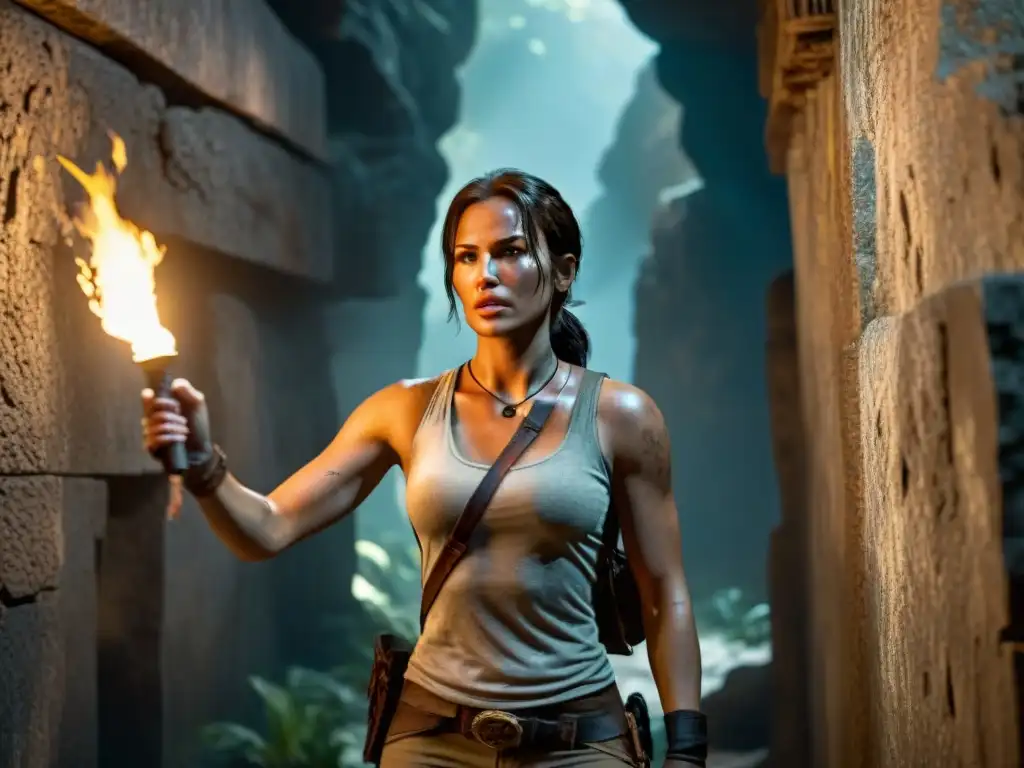 Lara Croft explorando en una antigua tumba, con una antorcha, examinando artefacto misterioso