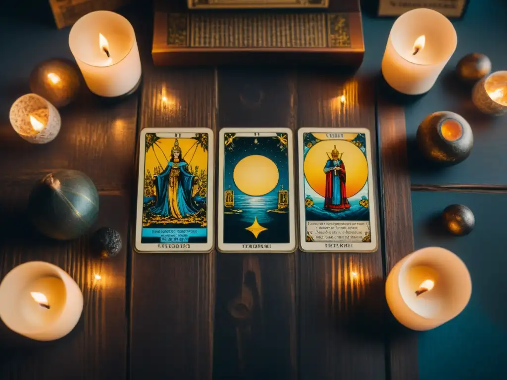 Antiguas cartas de tarot en mesa de madera oscura iluminadas por velas, reflejando origen y evolución del tarot