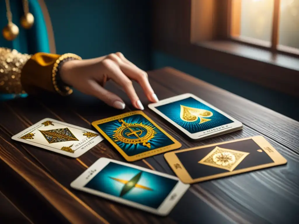 Antiguas cartas de tarot en mesa de madera, con luz suave y sombras detalladas