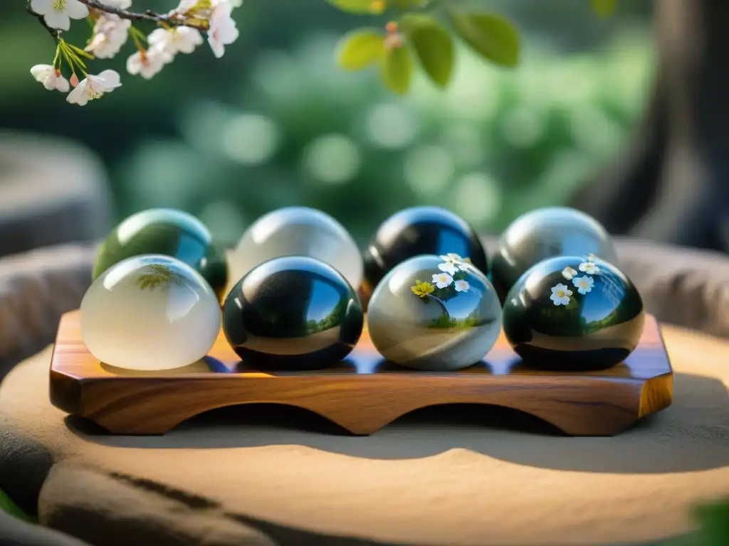 Antiguas piedras de Go de jade negro y blanco, con detalles grabados, en un jardín asiático sereno