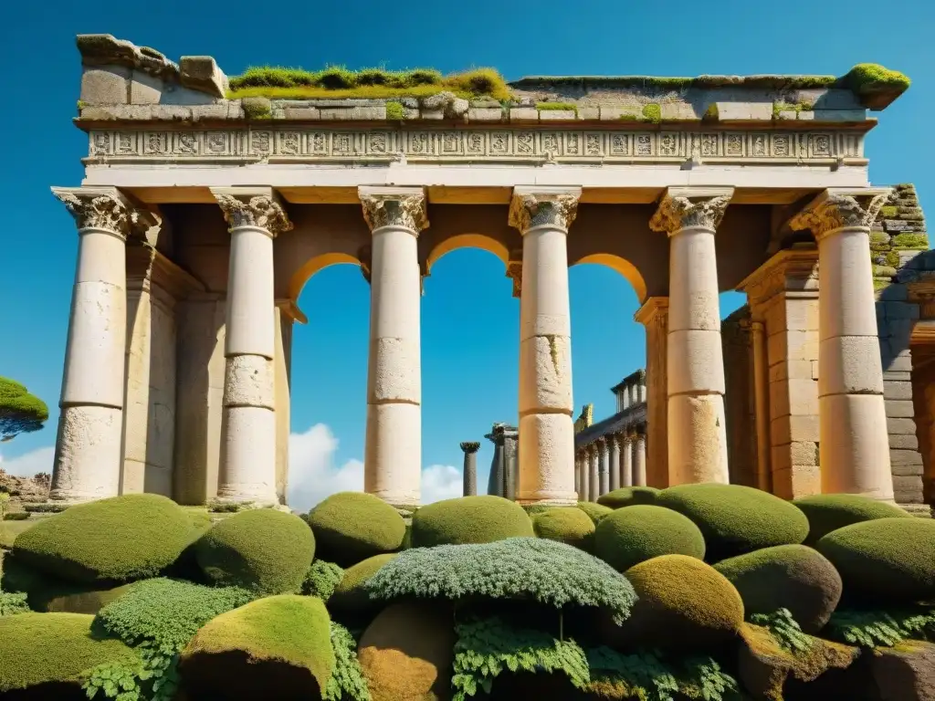 Antiguas ruinas romanas con columnas de mármol, arcos y vegetación, bajo un cielo azul brillante