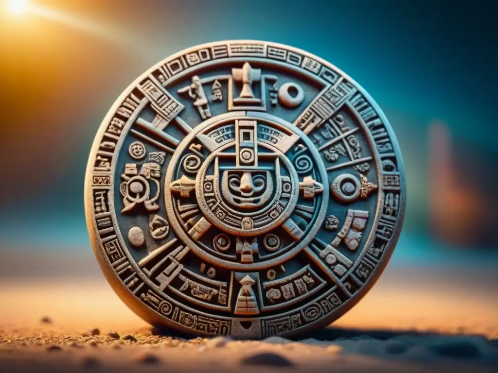 Un antiguo calendario maya tallado con intrincados jeroglíficos bajo la cálida luz del sol, resaltando la precisión y arte de este artefacto histórico