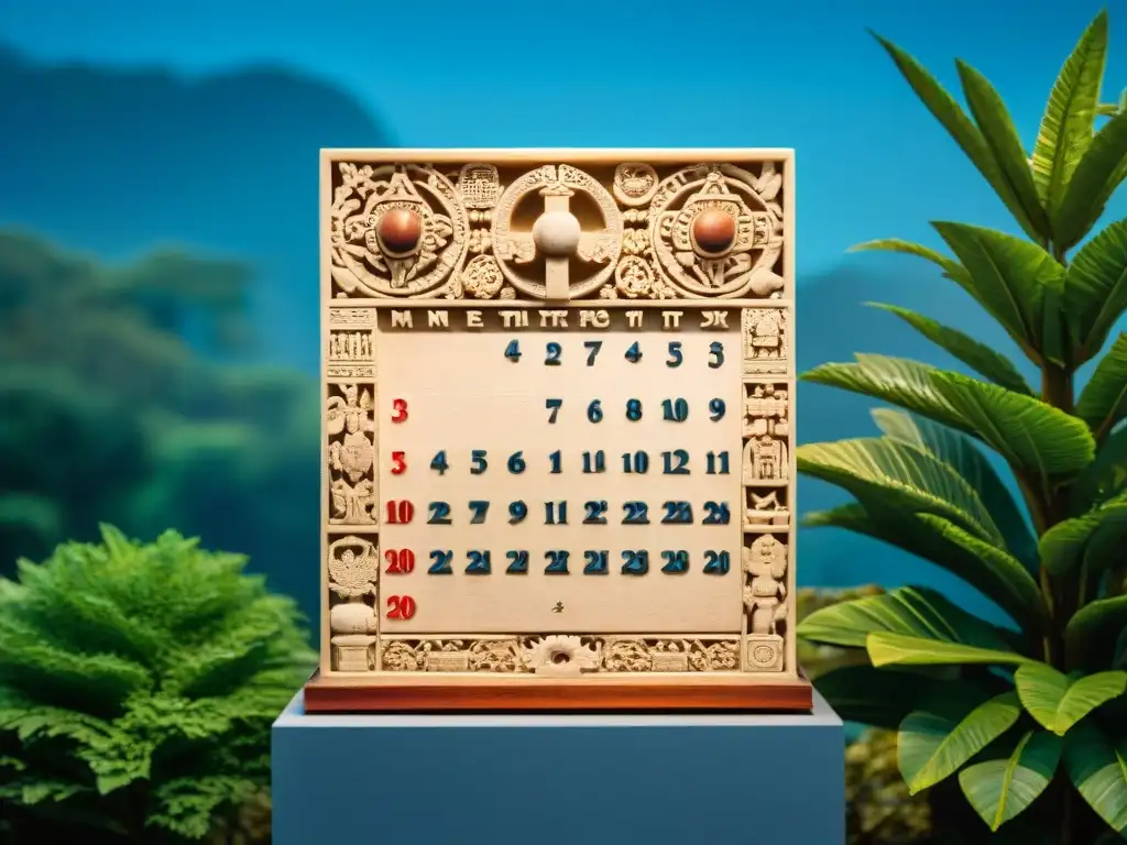 Antiguo calendario mesoamericano esculpido con símbolos celestiales y agrícolas, rodeado de exuberante vegetación y cielo azul