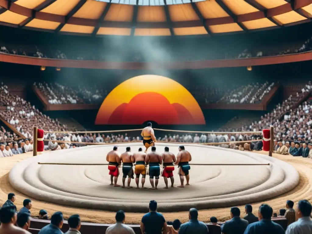 Un antiguo combate de sumo al atardecer, mostrando la historia y tradición en la evolución de este deporte milenario