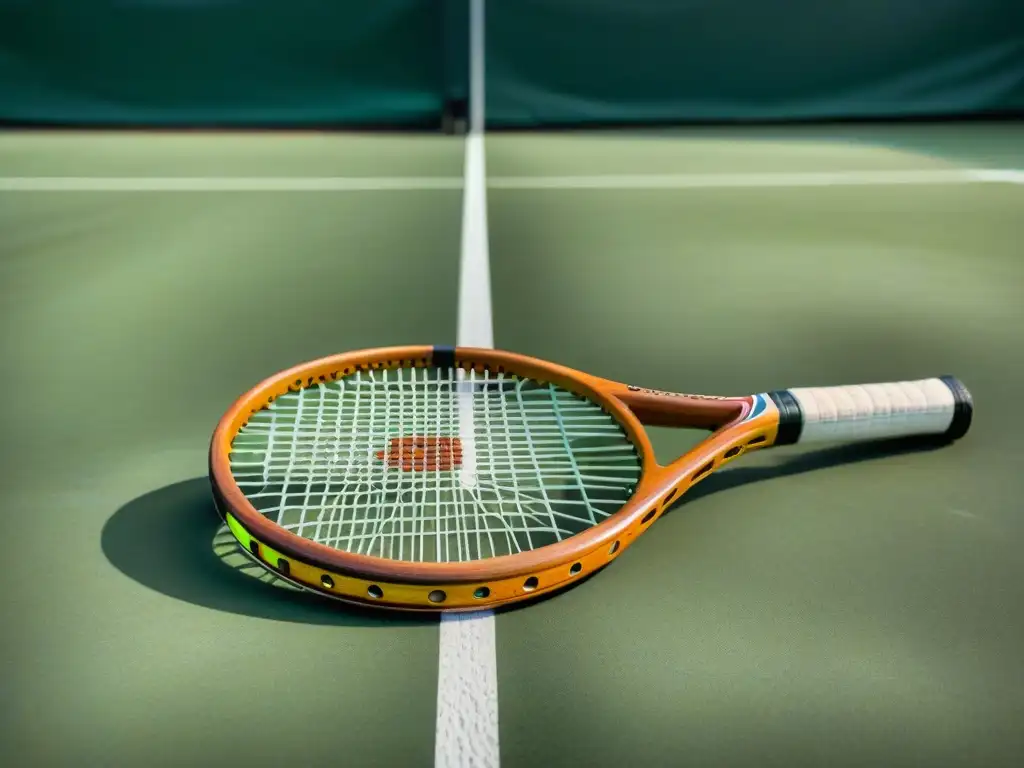 Un antiguo y detallado accesorio deportivo con historia en una cancha de tenis verde brillante