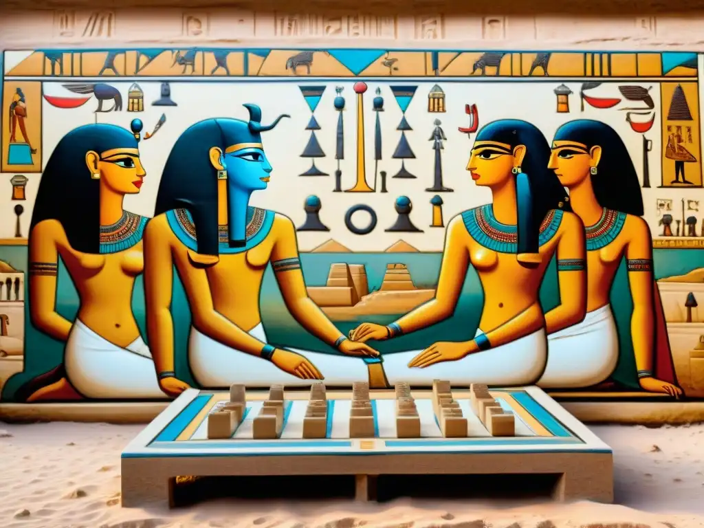 Antiguo juego de mesa Senet en pintura egipcia: estrategia y color en paisaje desértico y jeroglíficos