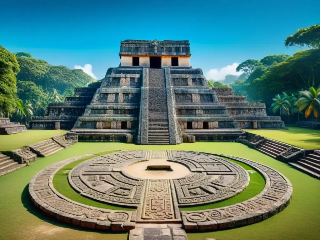 Antiguo juego de pelota maya con jeroglíficos en piedra, rodeado de exuberante vegetación tropical bajo cielo azul