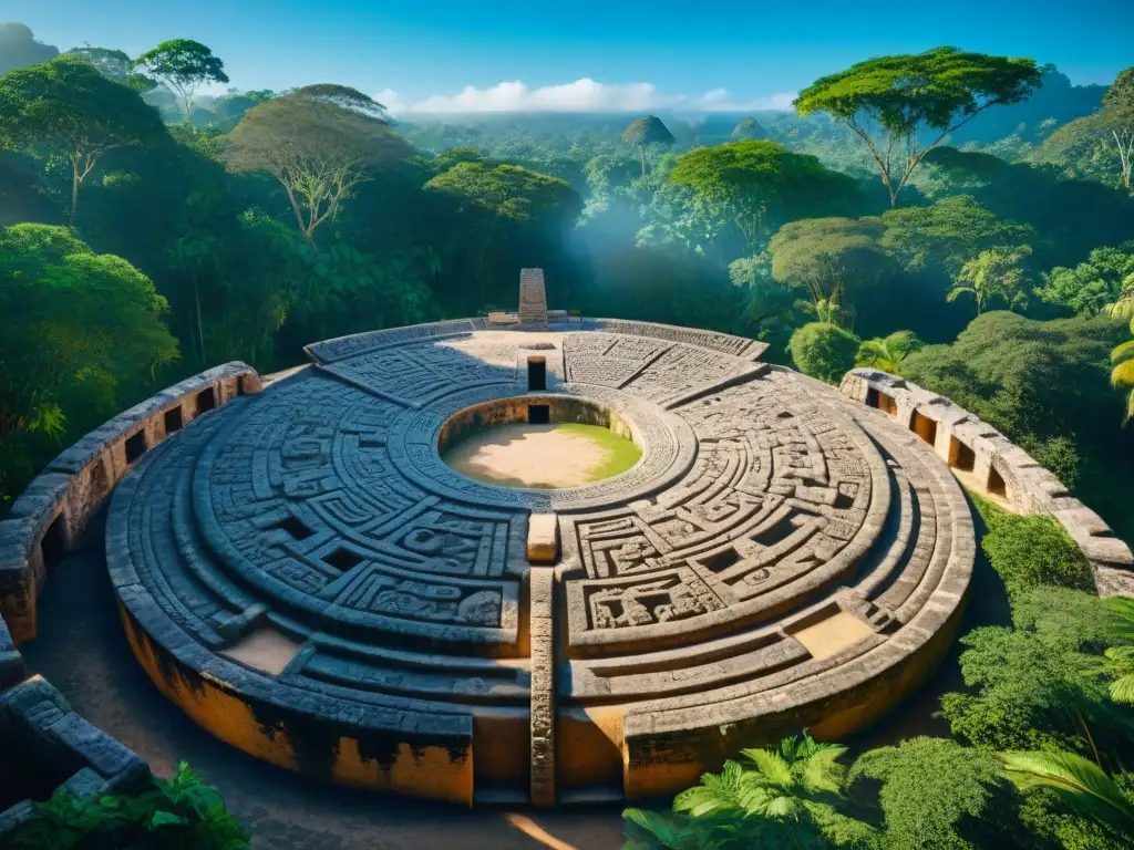 Antiguo juego de la pelota maya rodeado de selva exuberante y cielo azul, resaltando detalles arquitectónicos bajo la luz del sol