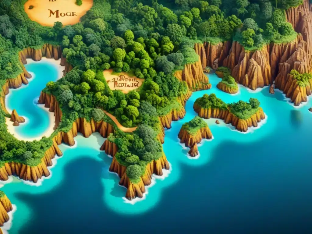 Un antiguo mapa detallado de Monkey Island, con senderos en la selva y cuevas ocultas, en tonos terrosos desgastados