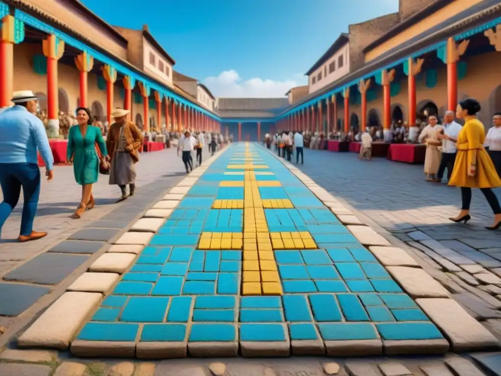 Antiguo mosaico de niños jugando rayuela en un bullicioso mercado, con colores vibrantes y detalles culturales de todo el mundo