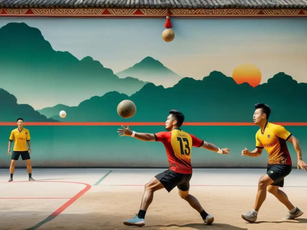 Antiguo mural del Sudeste Asiático muestra jugadores de Sepak Takraw en un emocionante partido, reflejando la historia del Sepak Takraw en Asia