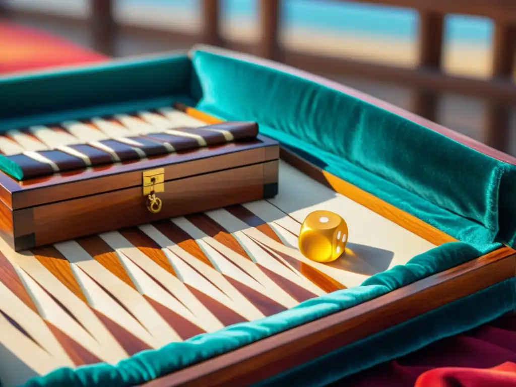 Un antiguo tablero de backgammon detalladamente tallado en madera oscura e incrustado con madreperla, en un bullicioso mercado de la Ruta de la Seda