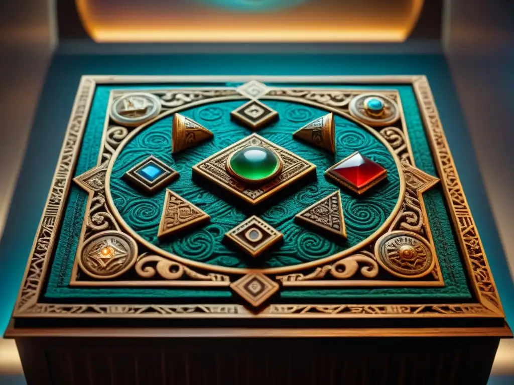 Tablero de juego antiguo en museo: detalle y misterio Un antiguo tablero de juegos decorado con intrincadas tallas y incrustaciones de gemas en un museo