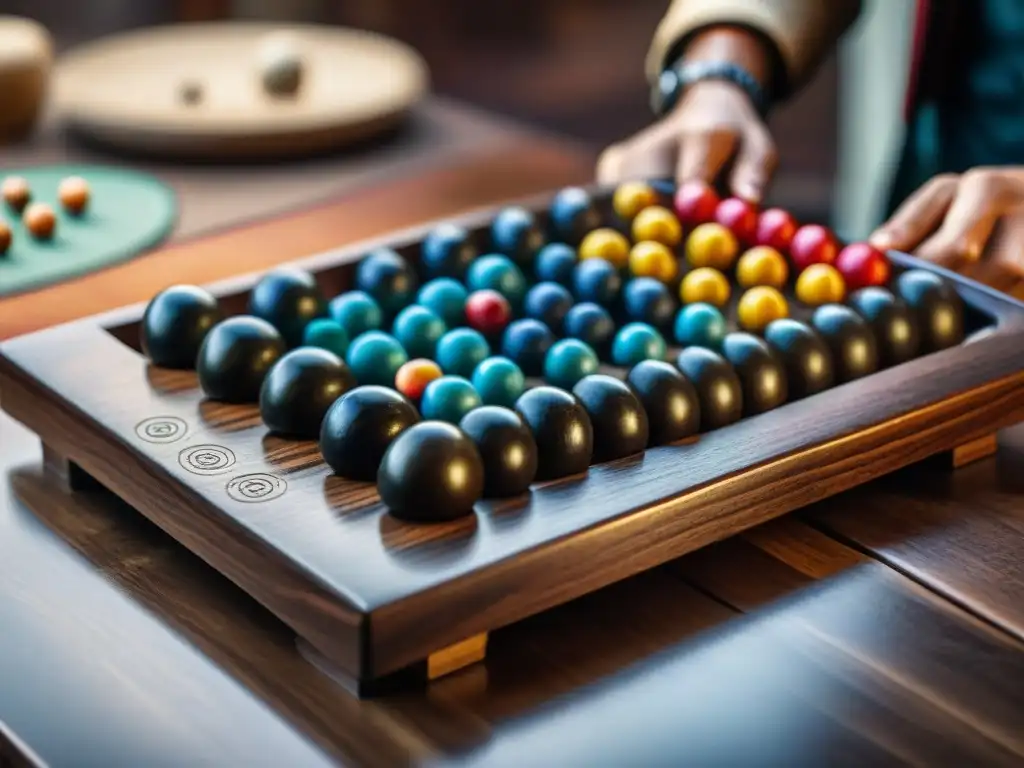 Un antiguo tablero de Mancala de madera oscura con intrincados grabados y desgastes por el uso