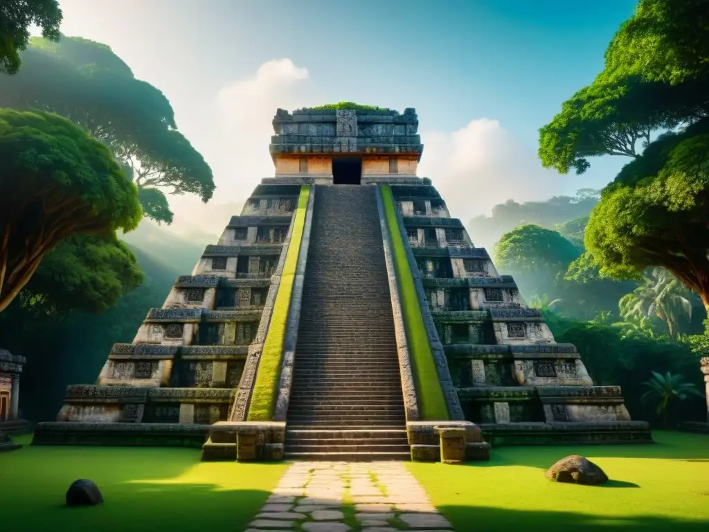 Antiguo templo maya rodeado de exuberante jungla verde, con grabados de juegos mesoamericanos y símbolos matemáticos