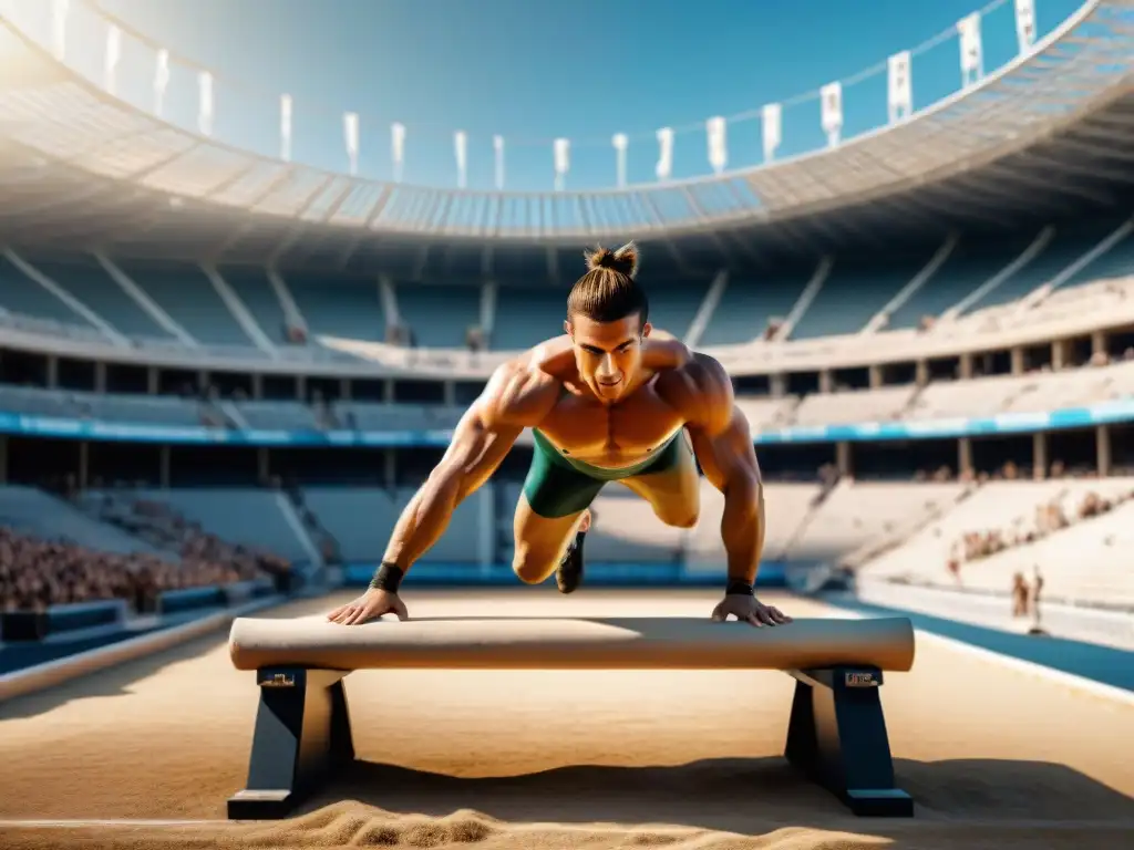 Antiguos atletas griegos compitiendo en un estadio, reflejando la historia y evolución de la gimnasia como deporte olímpico