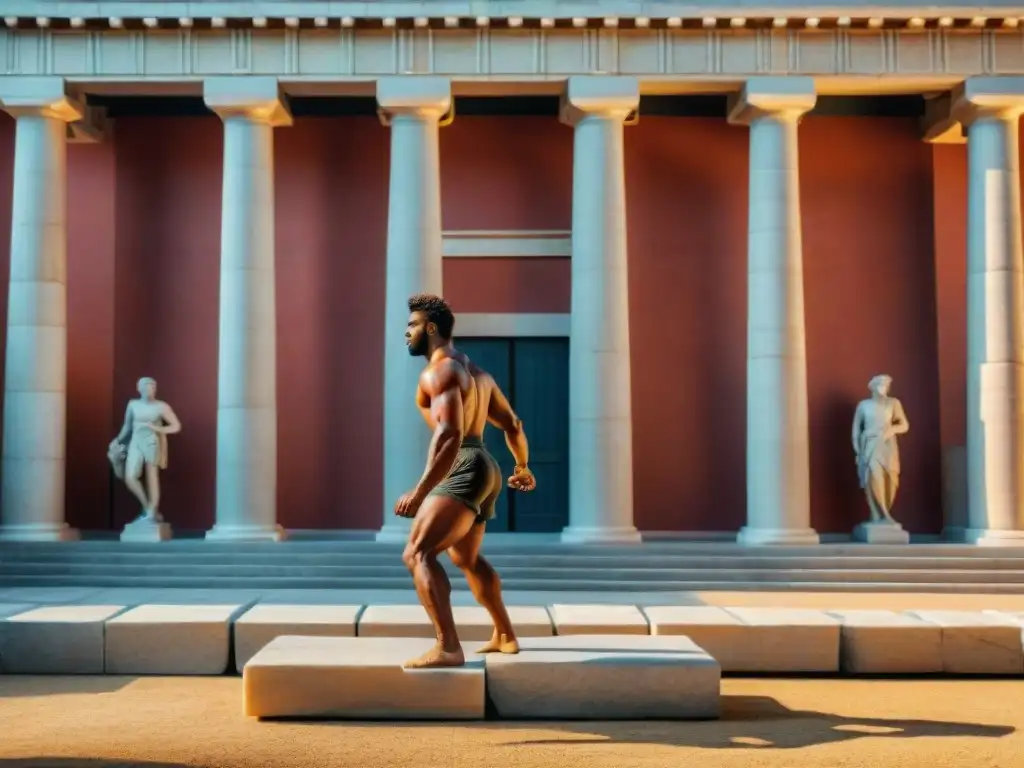 Antiguos atletas griegos practicando gimnasia en un gimnasio al aire libre, rodeados de columnas y estatuas de mármol